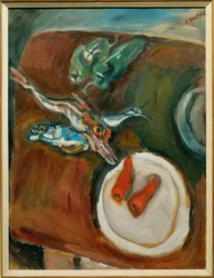 Stilleben mit Fischen, Pfefferschoten und Karotten
