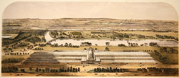 Vogelperspektive des Gebäudes für die Große Ausstellung, veröffentlicht von Ackermann & Co.