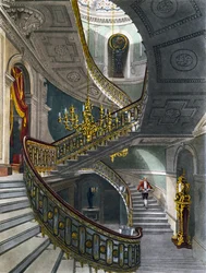 Treppe, Gravur von Richard Reeve nach einer Zeichnung von Charles Wild, aus The History of the Royal Residences