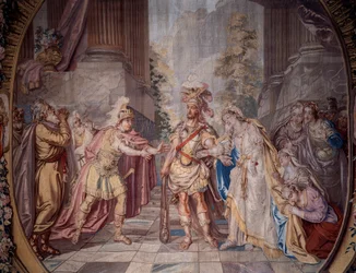 Szenografie: „Alceste“ Darstellung von Szene 4 des Aktes V der Oper von Philippe Quinault, vertont von Jean Baptiste Lully. Detail eines Wandteppichs von Charles Antoine Coypel, 1764 hergestellt in Mi