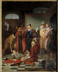 König Heinrich III. von Frankreich stößt nach dessen Ermordung im Schloss Blois den Leichnam Heinrichs I. von Lothringen, Herzog von Guise, genannt der Narbige (1550-1588), beiseite