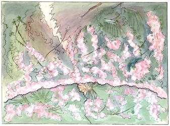 Massenet - Esclarmonde - Dekor von Charles Bianchini - 2. Akt, 1. Szene, Rosenvorhang senkt sich - Zeichnung von G. Stein, 1889