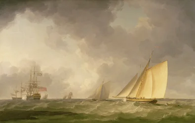 Kutter hart am Wind bei frischer Brise, mit anderen Schiffen, ca. 1750