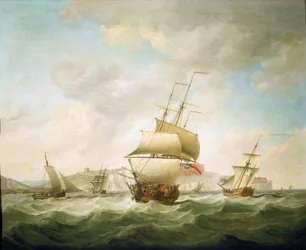 Handelsschiff und königliche Yacht im Wind vor der Küste von Dover, um 1750