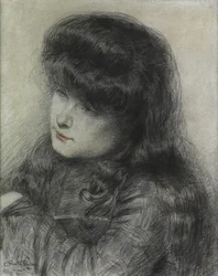 Ein Mädchen, das sich über einen Stuhl lehnt, 1881