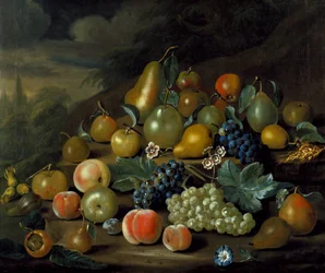 Stillleben mit Birnen, Pfirsichen und Trauben