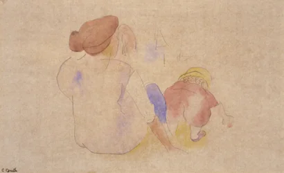 (Frau mit Kind im roten Anzug)