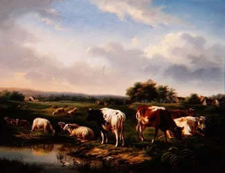 Rinder und Schafe in einer Landschaft