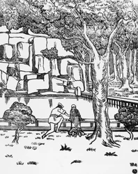Menschen, die eine Quelle betrachten, Holzschnitt von Charles Doudelet (1861-1938) für Pelleas und Melisande von Maurice Maeterlinck (1862-1949), veröffentlicht von Claudio Argentieri, Spoleto, Italien