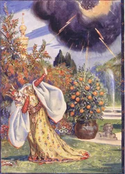 Eine dicke Wolke erschien, aus der Blitze hervorschossen, Szene aus Sucna Murga in Kindererzählungen aus rumänischen Legenden von Moses Gaster