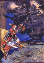 Ich bin gekommen, um dich zu bekämpfen, Räuber meiner Geliebten, Szene aus Sucna Murga in Kindererzählungen aus rumänischen Legenden von Moses Gaster