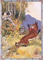 Aus den Büschen sprang der Hund, Szene aus Die Geschichte von der Rebhuhn, dem Fuchs und dem Hund in Kindererzählungen aus rumänischen Legenden von Moses Gaster