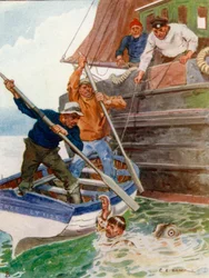 Die beiden Männer im Boot begannen hektisch, an einem abscheulichen Objekt zu schlagen und zu graben