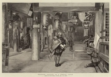 Pilger beten in einem Tempel, Japan