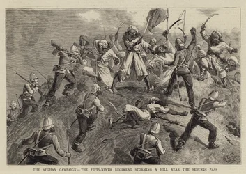 Der Afghanische Feldzug, das neunundfünfzigste Regiment stürmt einen Hügel in der Nähe des Sebundi-Passes