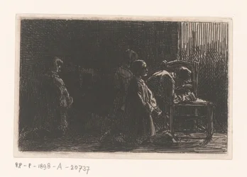 Betende Figuren vor einem Stuhl