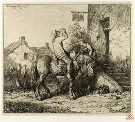 Eingang zu einem Gasthaus, mit trinkendem Bauern