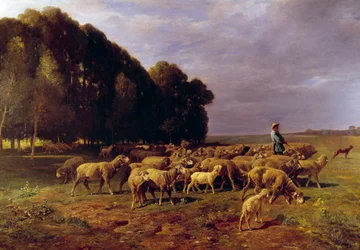 Schafherde in einer Landschaft oder „Hirte treibt eine Schafherde in der Ebene“