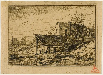Landschaft mit Bauernhäusern und Mühle