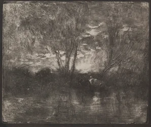 Kühe an einer Tränke, Originaldruck 1862, gedruckt 1921