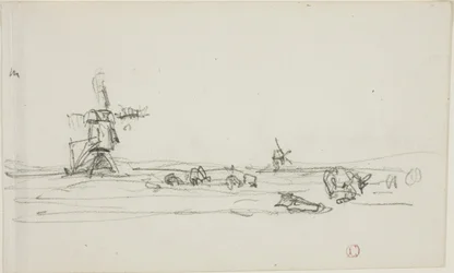 Landschaft in Holland (recto); Skizze von Windmühlen am Wasser (verso)