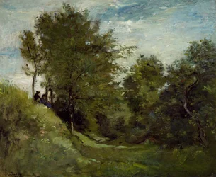 Landschaft mit Figuren, die auf einer Bank sitzen, späte 1870er Jahre