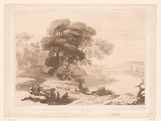 Landschaft mit Hirten und Vieh am Flussufer