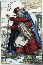 Der wandernde Jude erschreckt durch das katholische Kreuz - Gravur nach der Zeichnung von Pinot