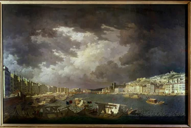 Ufer der Saone in Lyon. Links Handelsaktivitäten. Gemälde von Charles Francois Nivard (1739-1821) 1804