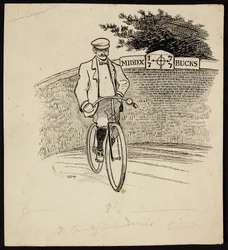 Ein Mann auf einem Fahrrad vor einem Schild, das die Kreisgrenze zwischen Middlesex und Buckinghamshire markiert