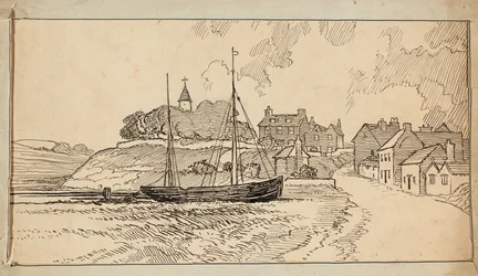 Ein Segelboot am Strand bei Ebbe, an einem Weg, der zu einem Dorf führt