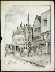 Ein Blick von Nordwesten auf das Butterkreuz, High Street, Winchester, Hampshire (Feder & Tinte auf Papier)