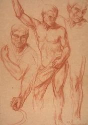 Studie einer männlichen Figur mit Nachstudien von Kopf, Armen, Schulter und Bein (Skizzen für das Mittelpanel von "Herbst"), 8. April