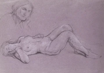 Studie einer liegenden nackten weiblichen Figur, mit einer Studie eines Frauenkopfes, der auf ihrer Hand ruht