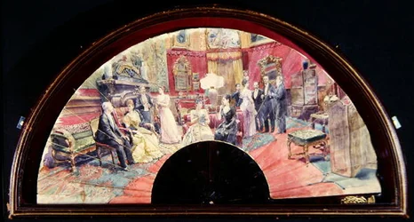 Fächer, der eine gesellschaftliche Zusammenkunft nach dem Abendessen in einem Salon darstellt