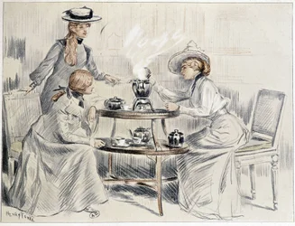 Damen trinken Tee um einen kleinen Samowar - Zeichnung von Henri Tenré, ca. 1910