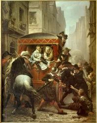 Tod Heinrichs IV.: „Ermordung Heinrichs IV., König von Frankreich, und Verhaftung Ravaillacs“. Ermordung König Heinrichs IV. (1553-1610) und Verhaftung François Ravaillacs (1578-1610) am 14/05/1610 in der Rue de la Ferronnerie in Paris