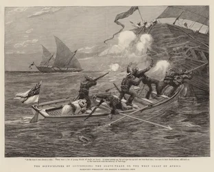 Die Schwierigkeiten der Unterdrückung des Sklavenhandels an der Westküste Afrikas (Gravur)