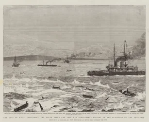 Der Verlust der HMS Victoria, die Szene nach dem Untergang des Schiffes, Boote retten die Überlebenden des Flaggschiffs