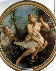 Leda und der Schwan. Leda und der Gott Zeus, der sich in einen Schwan verwandelt, um sich ihr zu nähern.