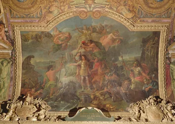 König Ludwig XIV. (1638-1715) rüstet sich zu Land und zu Wasser im Jahr 1672, Deckenmalerei aus der Galerie des Glaces