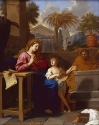 Die Heilige Familie in Ägypten mit dem Jesuskind, das eine hebräische Schrift liest