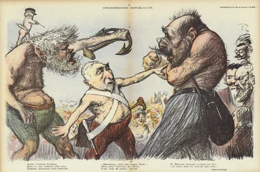 Emile Combes versucht, Camille Pelletan und Maurice Rouvier auseinanderzuhalten, Illustration für Le Rire