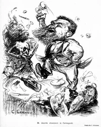 Jean Jaurès tanzt und singt Carmagnole auf einem Banketttisch (vermutlich betrunken) Bild in Le Rire Nr. 105 vom 7. November