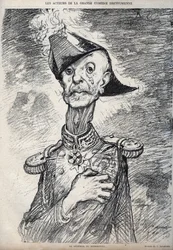 Die Schauspieler der großen Dreyfus-Komödie - Porträt von Raoul Le Mouton de Boisdeffre (General de Boisdeffre) (1839-1919), französischer Militär - Karikatur von Charles Leandre (1862-1934) in „Le Rire“ 1898