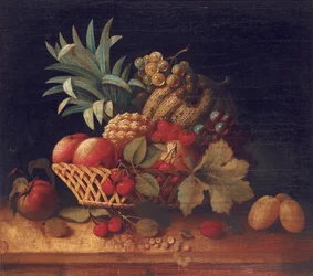 Trauben, Pflaumen, Kirschen, Pfirsiche, ein Apfel, eine Ananas und eine Melone in einem Weidenkorb