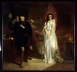 Lady Macbeth. Illustration zu William Shakespeares Stück „Macbeth“. Eine Frau im Nachthemd wird von einer anderen Frau vor einem verängstigten Mann gedemütigt. 1848, Amiens, Musée de Picardie.