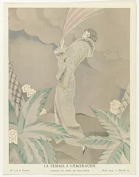 Gazette du Bon Ton 1923, Nr. 5, Pl. 23: Die Frau mit dem Smaragd - Mantel aus Tigerfell, von Max-Leroy