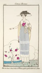 Robe de linon à haut volant de Broderie anglaise perle souliers noir et blanc, Tafel 5, Costumes Parisiens veröffentlicht im Journal des Dames et des Modes, 1912 (handkolorierter Stich)