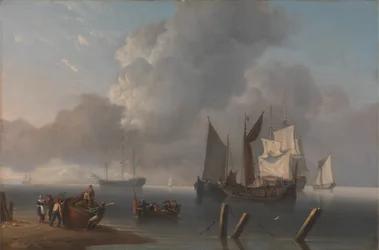 Kriegsschiffe vor Anker, der kommandierende Admiral wird zur Flaggschiff gerudert, deren Segel von einer Wolkenlücke beleuchtet werden